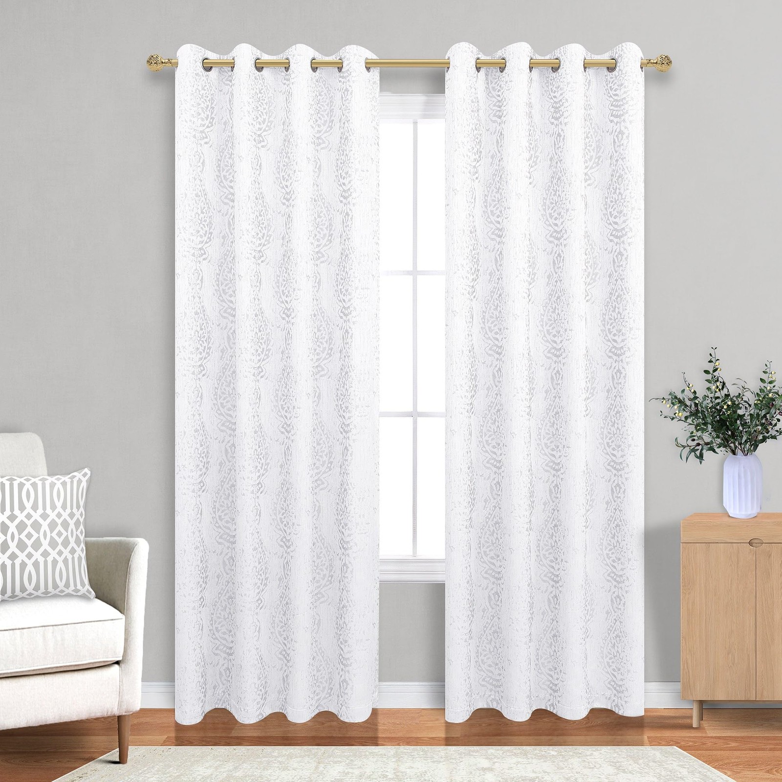 Mrs.Naturall White 96″ Damask Pattern Curtains for Living Room