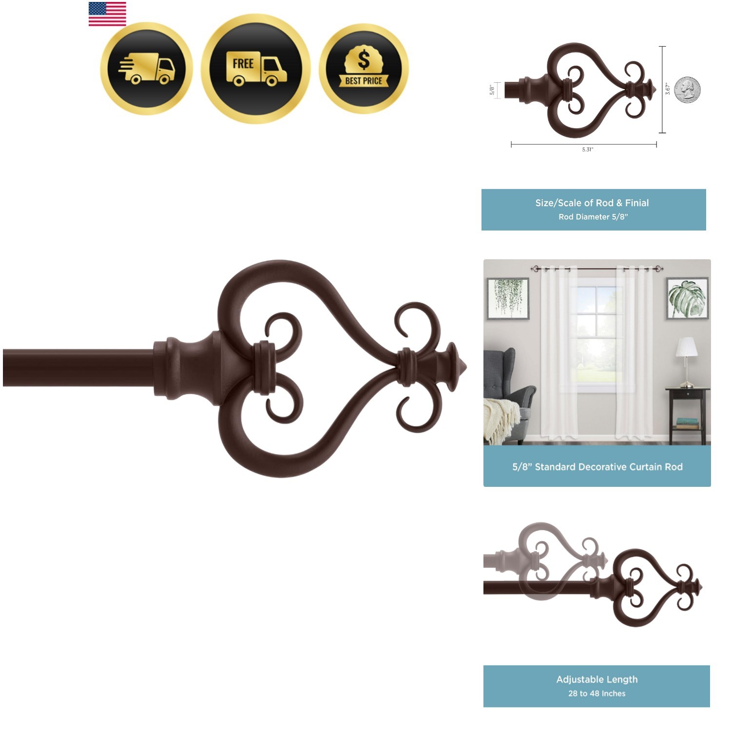 Serena Window Curtain Rod, 28-48″, Chocolate Brown