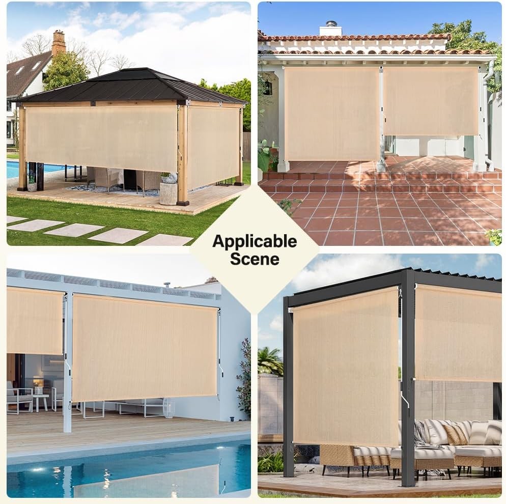 Outdoor Roller Shades 6′ W x 8 L (72″ W x 96″ H), Cordless Patio Shades Roll Up