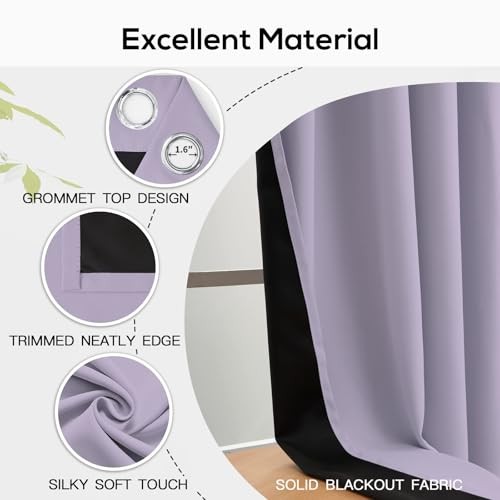 100% Blackout Window Curtain Panels for Bedroom, 38″W x 63″L (Pack of 2) Lilac