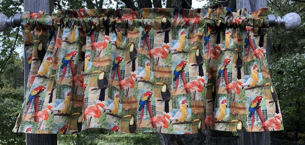 Tropical Birds Valance Jungle Patch Toucan Parrot Cockatiel Flamingo Curtain
