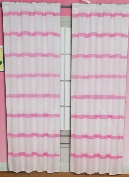 2 Pretty Ruffle Pink & White Window Panels (1 Pair) NIP