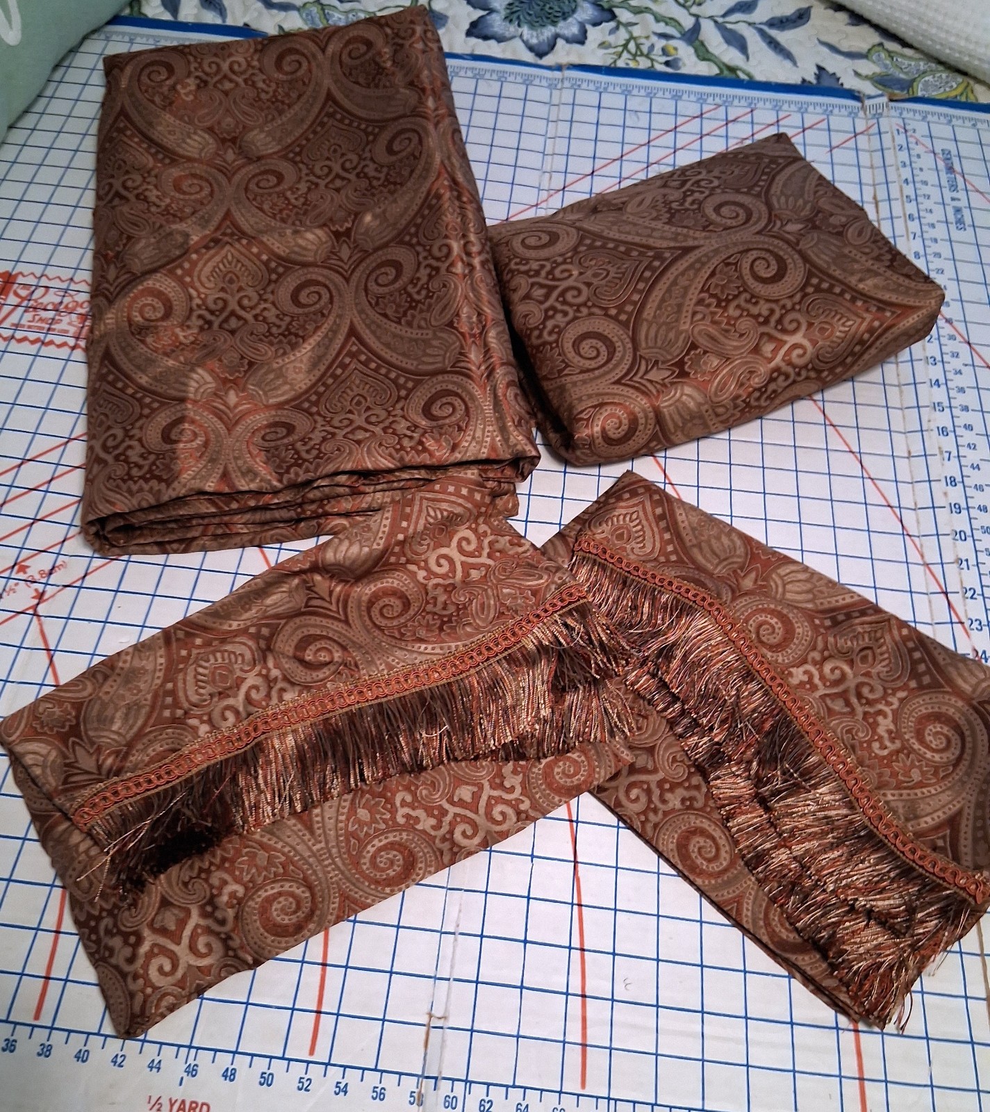 2 84″ Lined Rod Pocket Rust & Gold Poly Paisley Print Curtain Panels and Valance