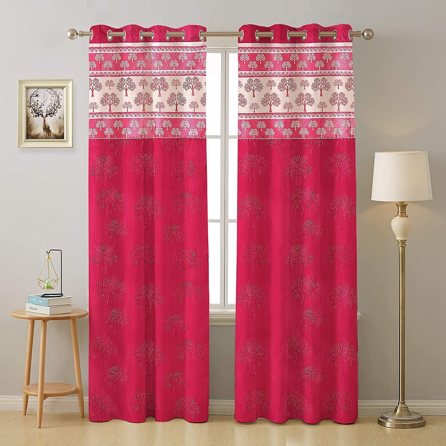 2 Piece Crush Tree Embossed Eyelet Door Window Curtains Set 5 7 9 Feet – Pink