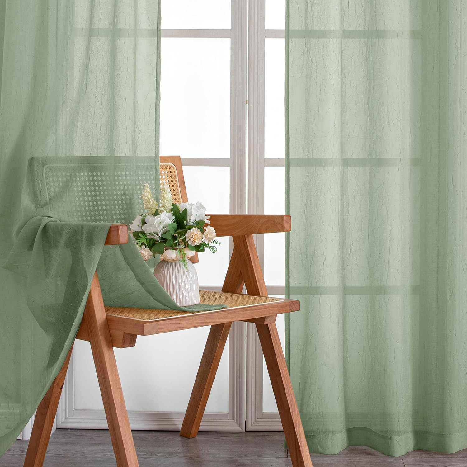 Crushed Sheer Sage Green Curtains 84 Inch Length 2 Panels, Light Filtering Solid