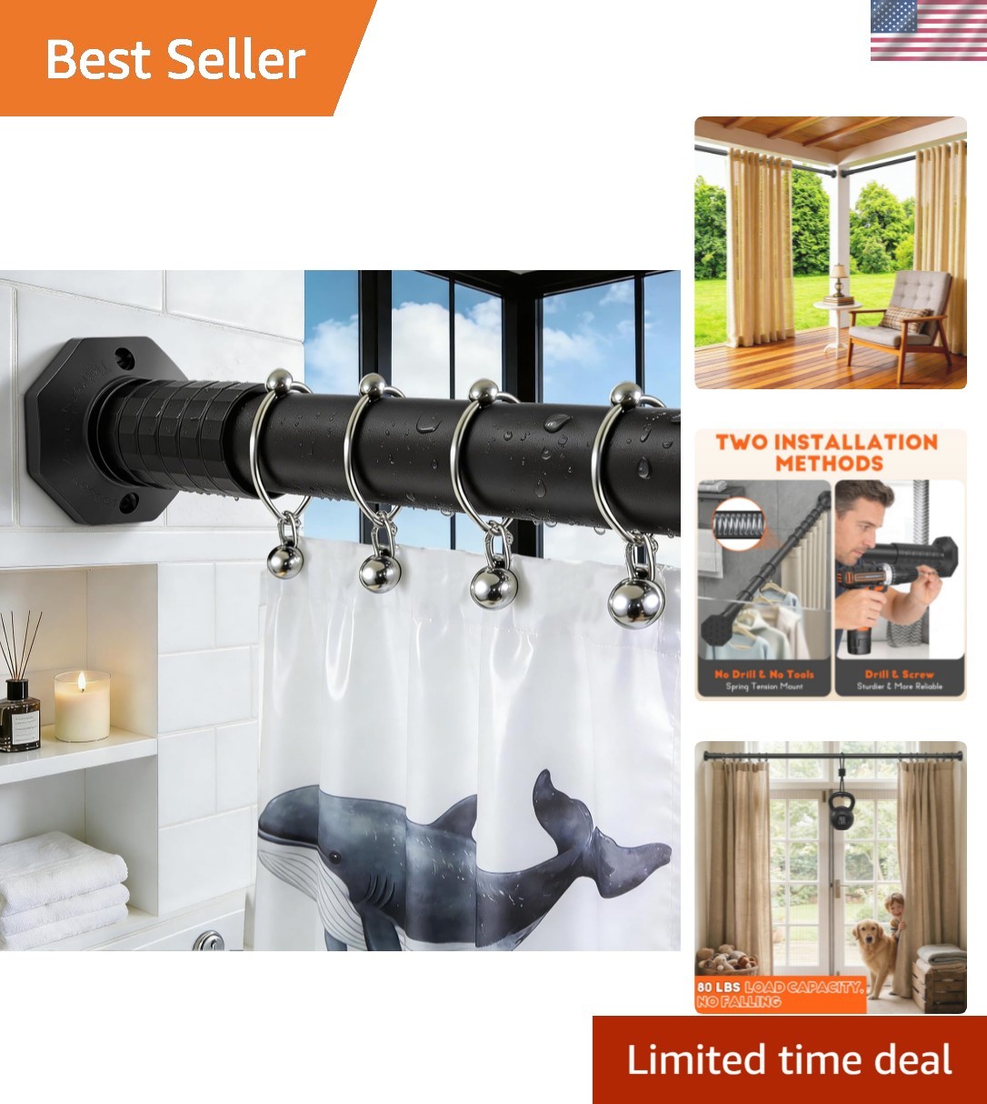 Tension Curtain Rod No Drilling 45-168 In, Black Outdoor Curtain Rod for Pati…