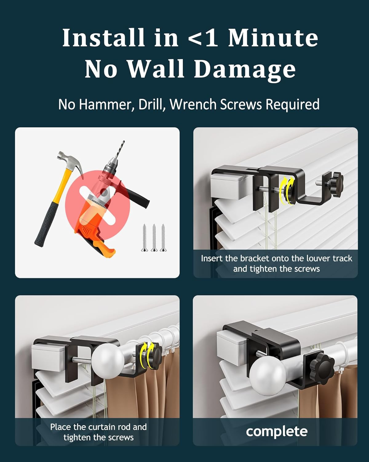 Outside Mounted Blinds Curtain Rod Bracket, 1.3-2″ Adjustable, No Drilling Cu…