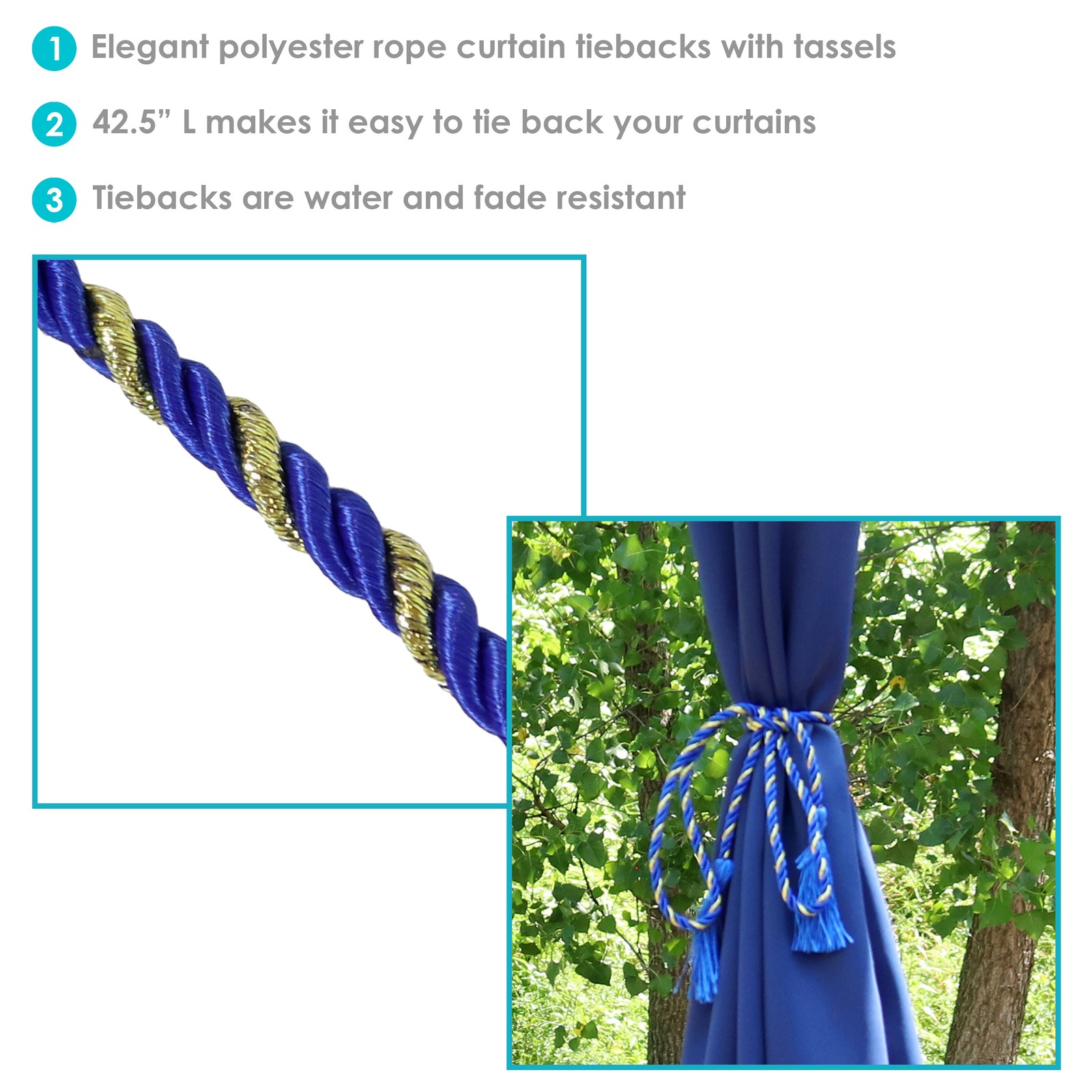 Rope Indoor and Outdoor Curtain Tiebacks – Blue – Set of 4 by Sunnydaze