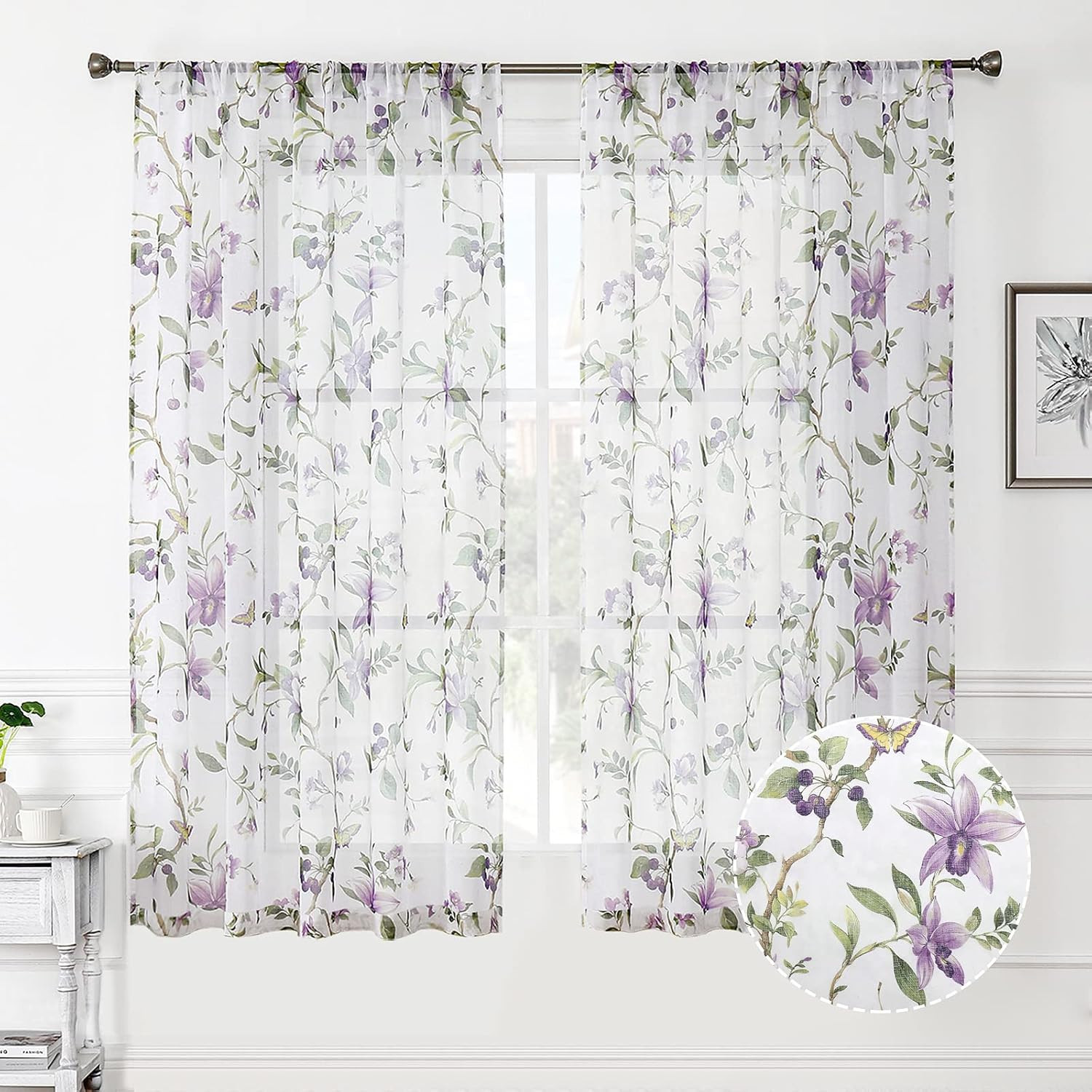 Floral Sheer Curtain Purple Cherry Flower Butterfly Print Living Room Curtains R