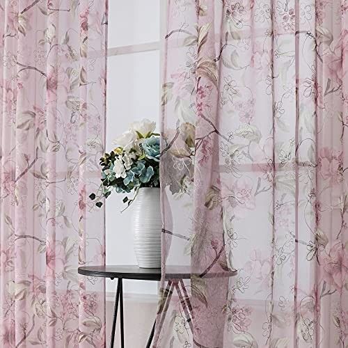 Sheer Tier Curtains Flower Leaf Printed Floral 30″W x 36″L (Pack of 2) Pink