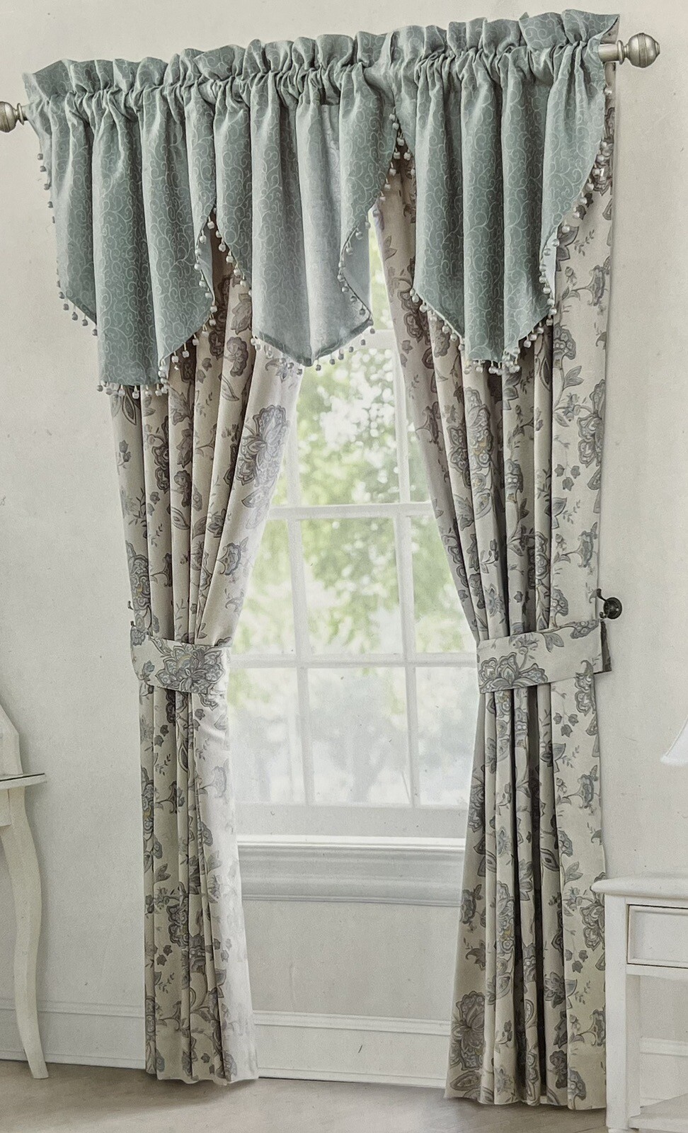 Waterford Linens Valerie Sea Blue Pole Top Drapery 2 Lined Panels with Tie Backs