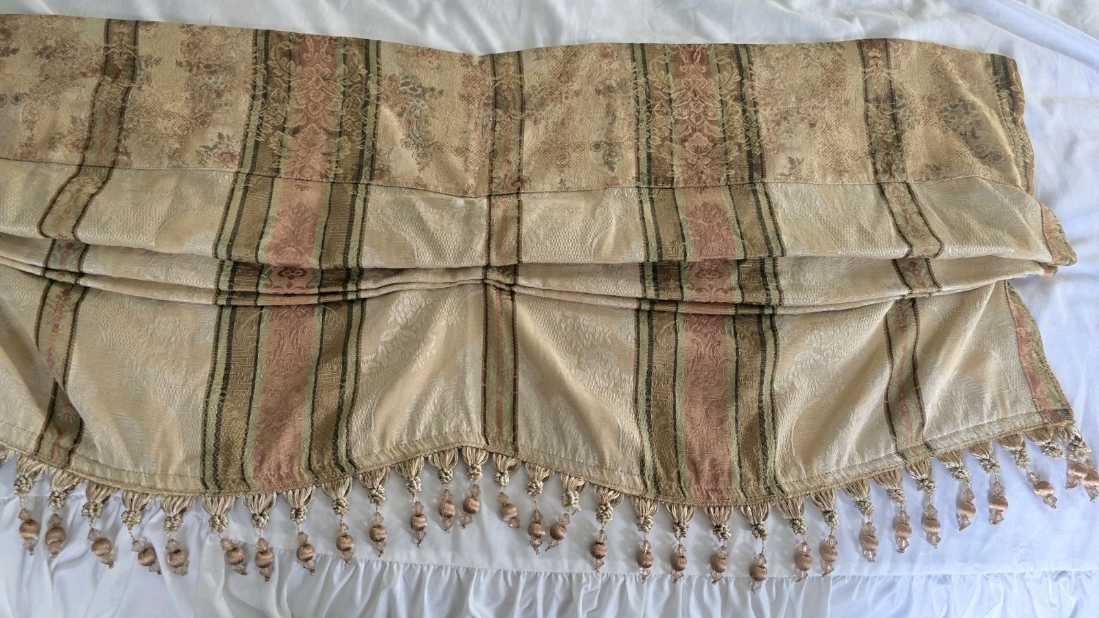 Croscil Beaded Window Valance 2 Panels Waterfall Scalloped 82×17 Damask Brocade