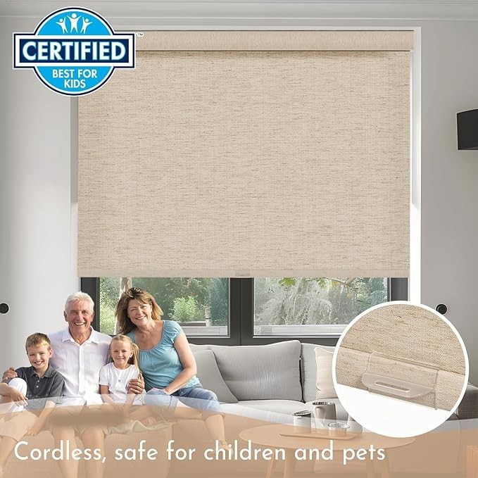 Blackout Beige Linen Natural Woven METechs Custom Size Cordless Roller Shades
