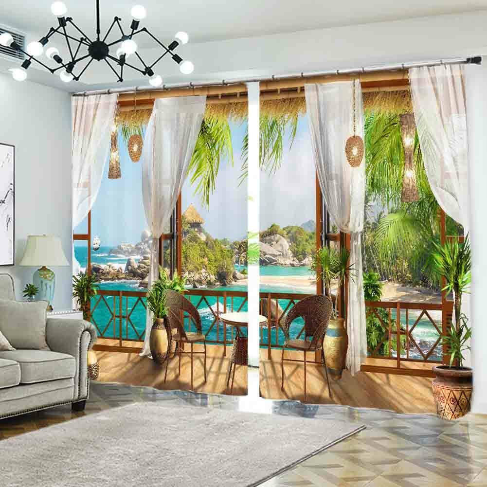 Blue Beach Pavilion 3D Curtain Blockout Photo Printing Curtains Drape Fabric