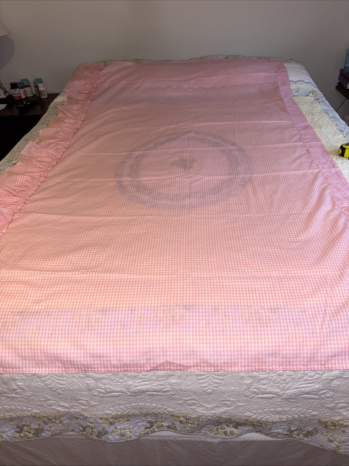 Set Pastel Pink Gingham Checked Curtains, Pretty Ruffle 70×46, Read Description
