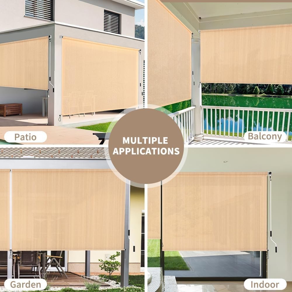 Outdoor Roller Shade 5′ W x 8′ L Cordless Patio Shades Roll Up Outdoors Blinds