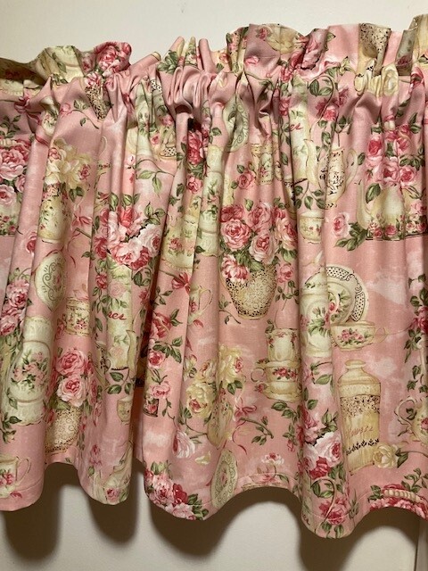 Handmade Light Pink Flowers and Teacup Shabby Chic Valance, 41 X 15 INCHES