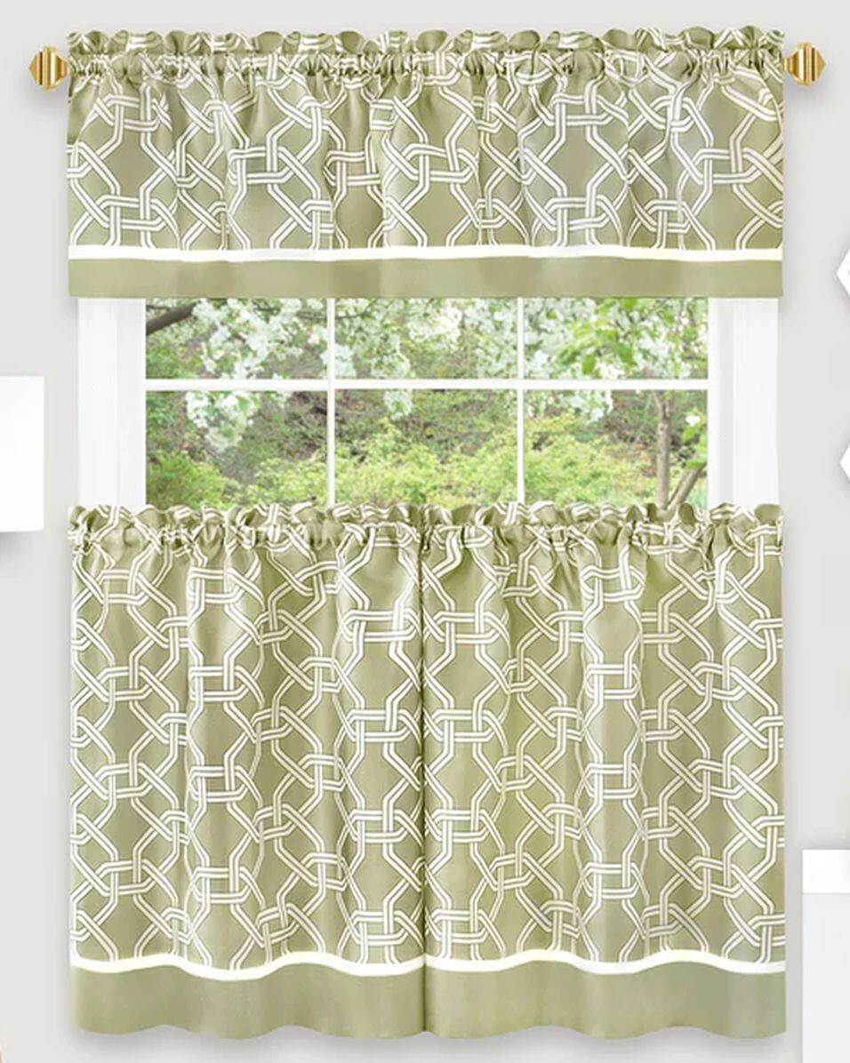 3pc Curtains Set: 2 Tiers & Valance (58″x13″) CHAIN LINK, ARLINGTON, green,Achim