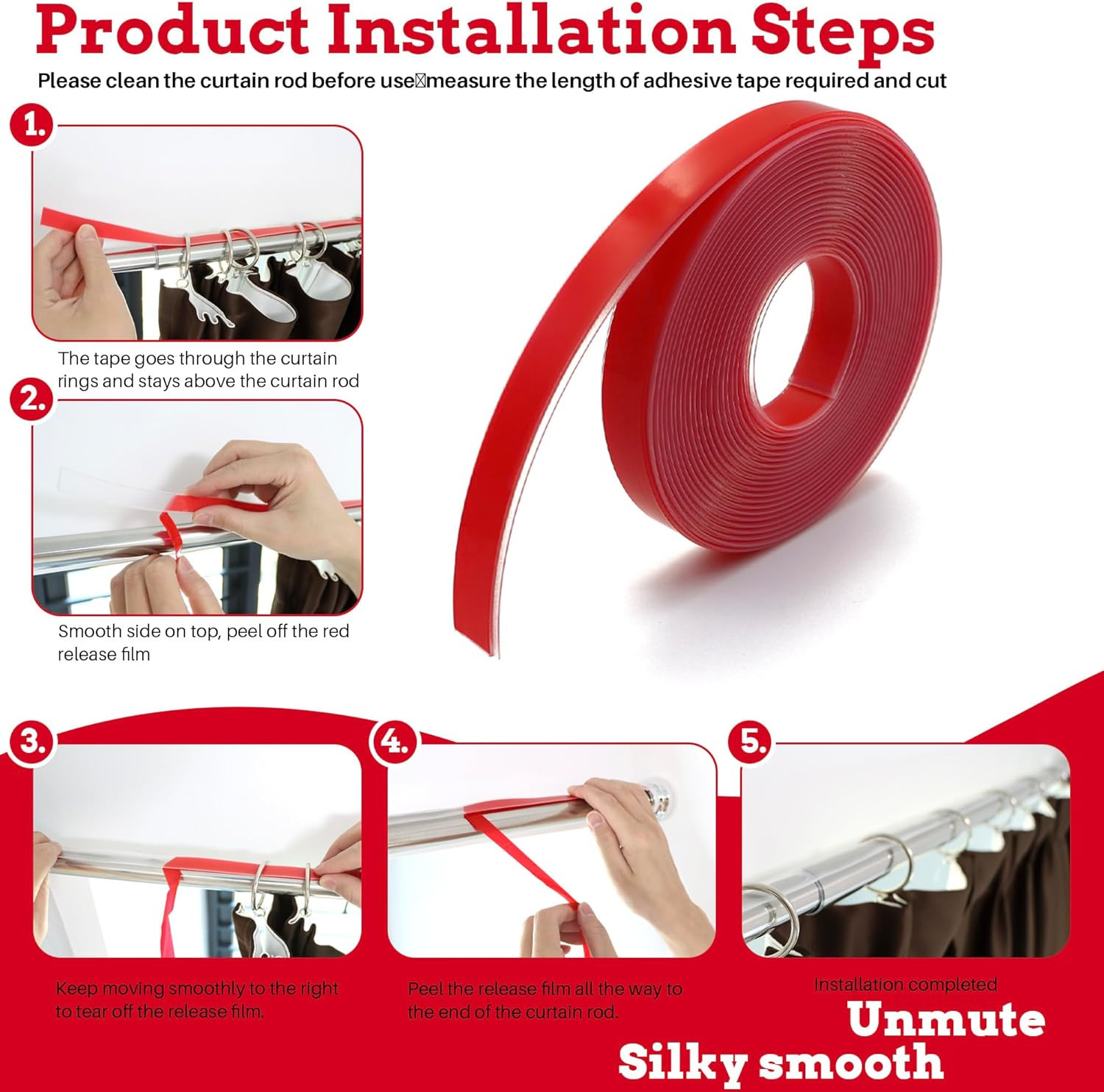 16.4 Ft Hard Surface Curtain Rod Tape, Solve the Problem of Curtain Rings on Tel
