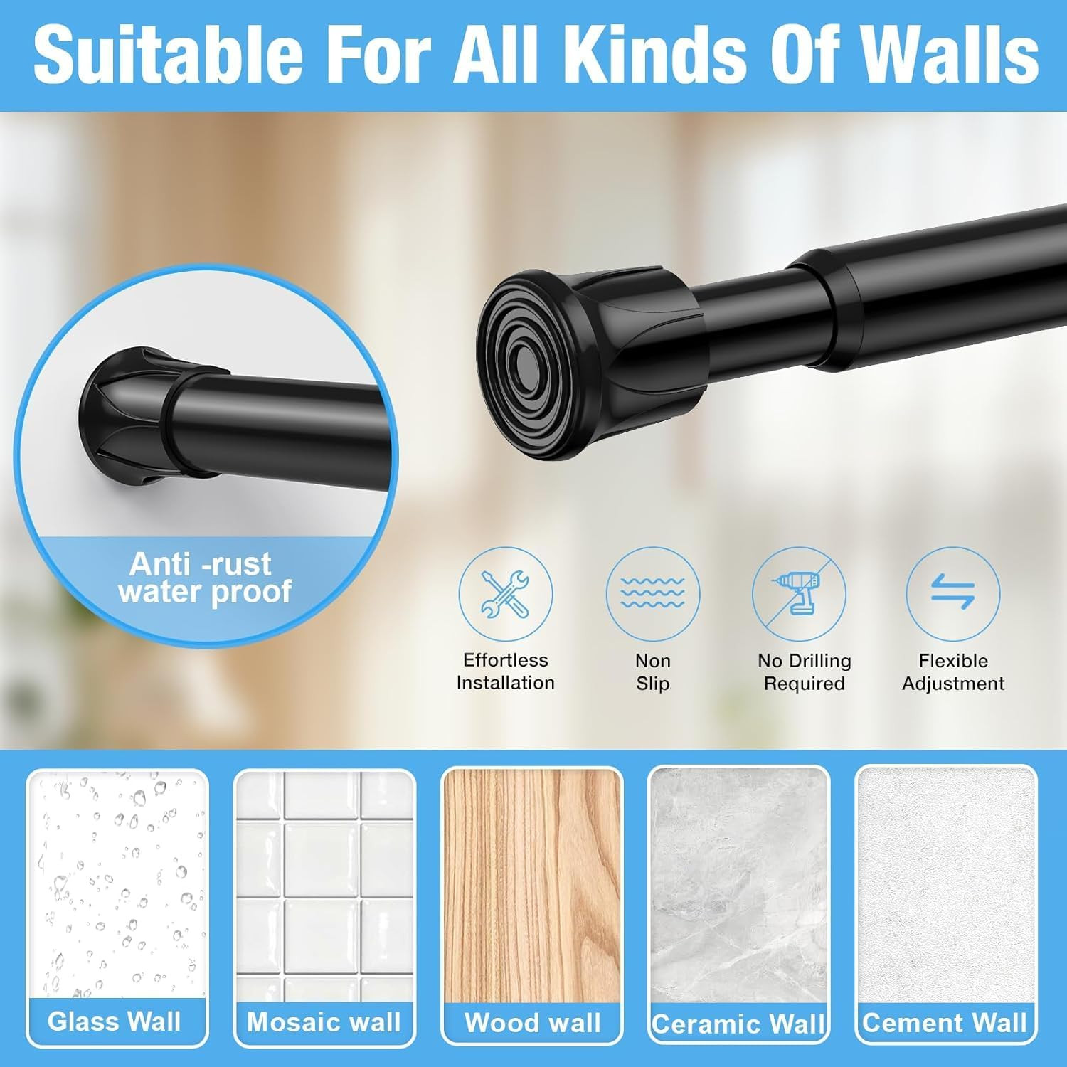 2 Pack Spring Tension Rods 28-48 Inches,5/8″ Diameter Black Spring Loaded Curtai