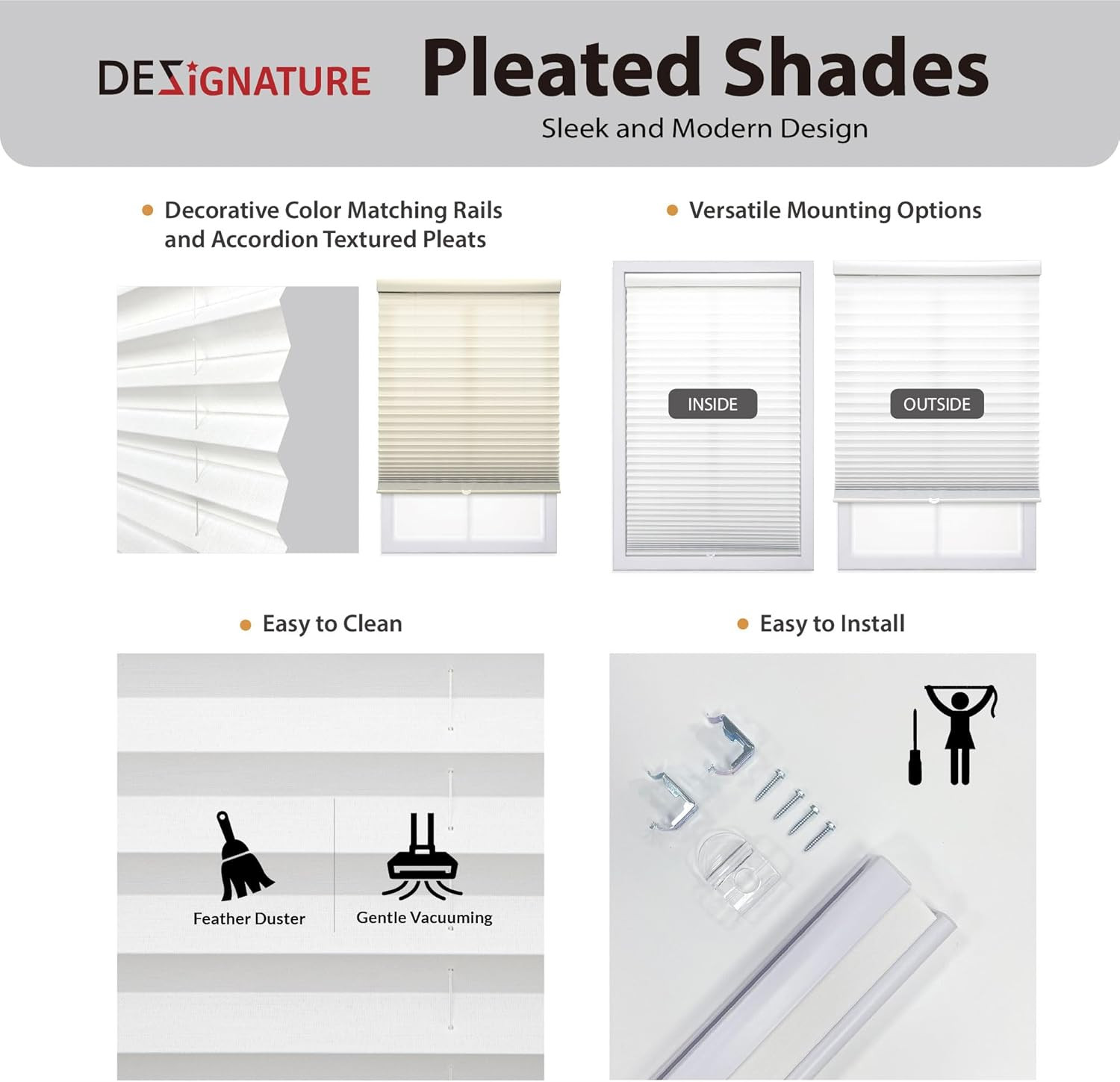 Cordless 1″ Light Filtering Pleated Shade, 70″ W x 48″ H, Black