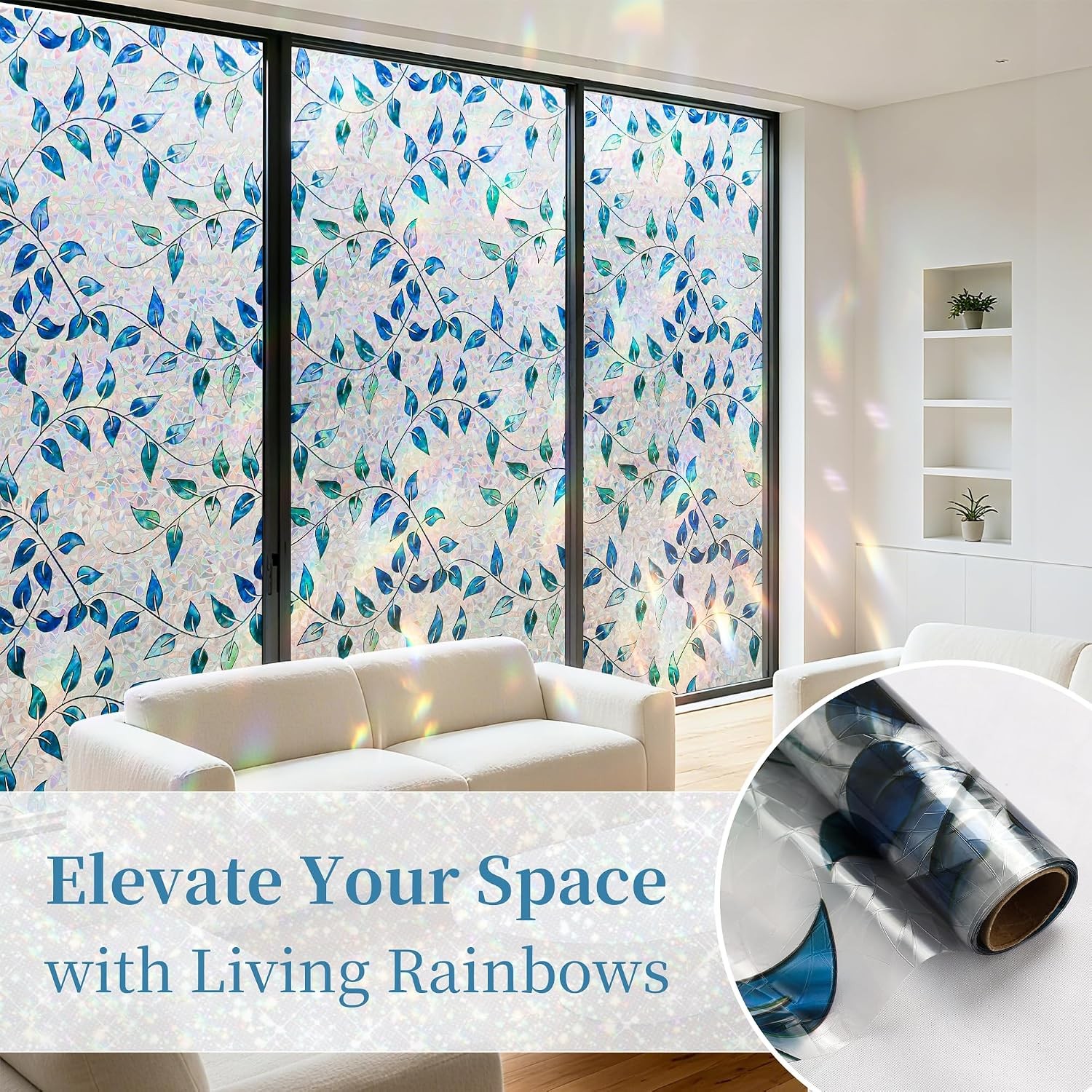 Finnez Window Privacy Film 3D Static Cling Window Film with Rainbow Effect, No G
