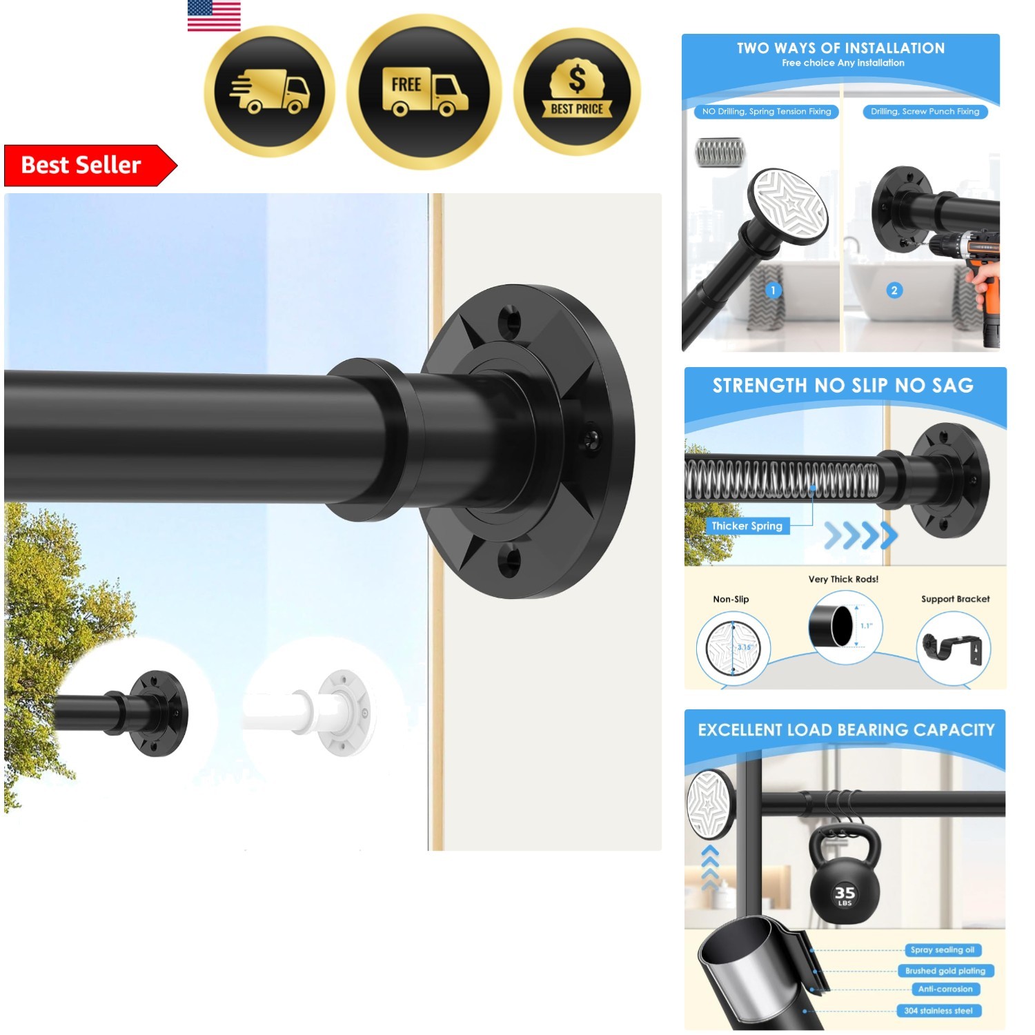 Outdoor Curtain Rod Tension Adjustable Heavy Duty Rustproof Black 31-168In
