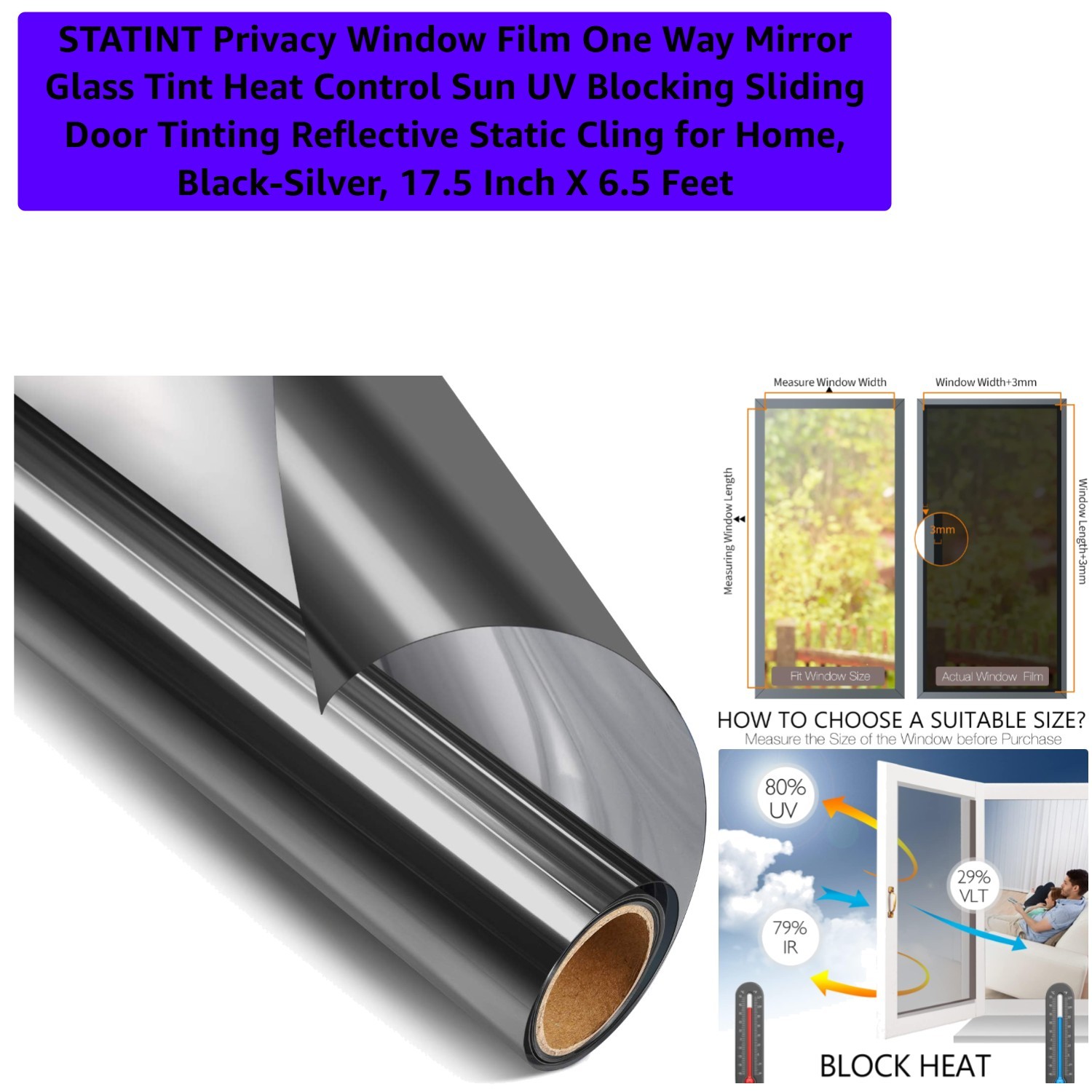 Heat Control Window Film with One-Way Mirror Effect – Black-Silver, 17.5″ x 6.5″