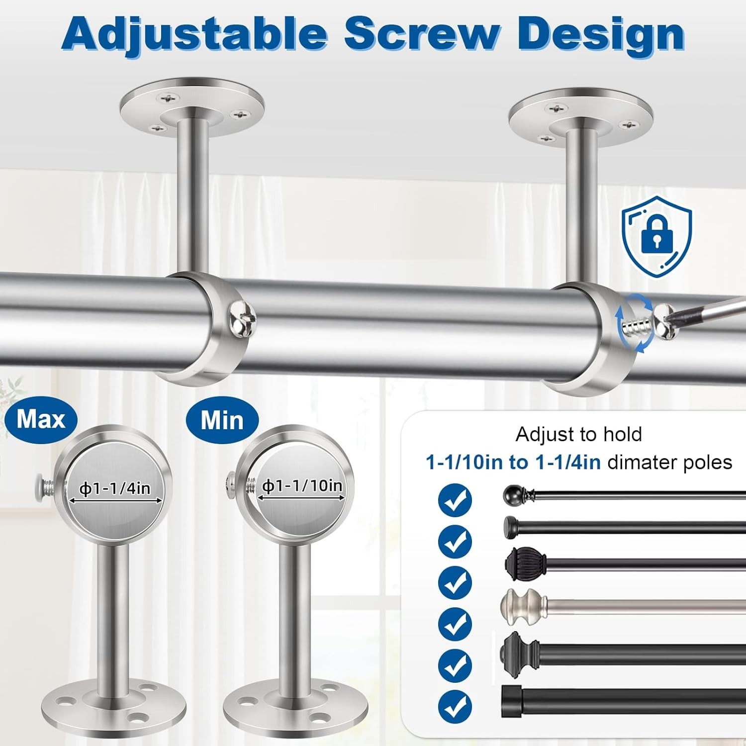 Ceiling Curtain Rod Holder, 1 1/4Inch Heavy Duty Curtain Rods Bracket for Wal…
