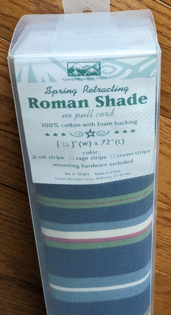 Spring Retracting Striped Roman Shade 34×72 Green Mountain Vista Blue, Green