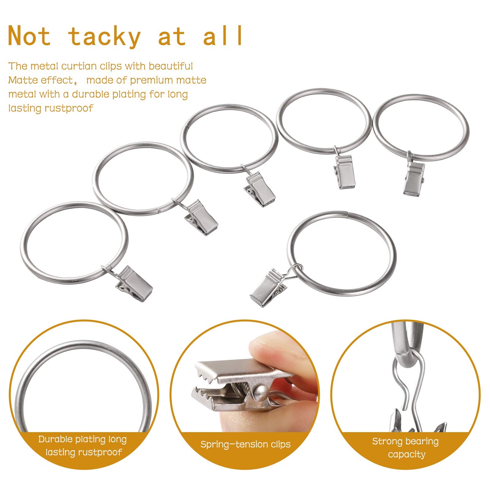 44 Pack Curtain Rings with Clips Hooks 2 inch Rustproof Matte Metal Stainless