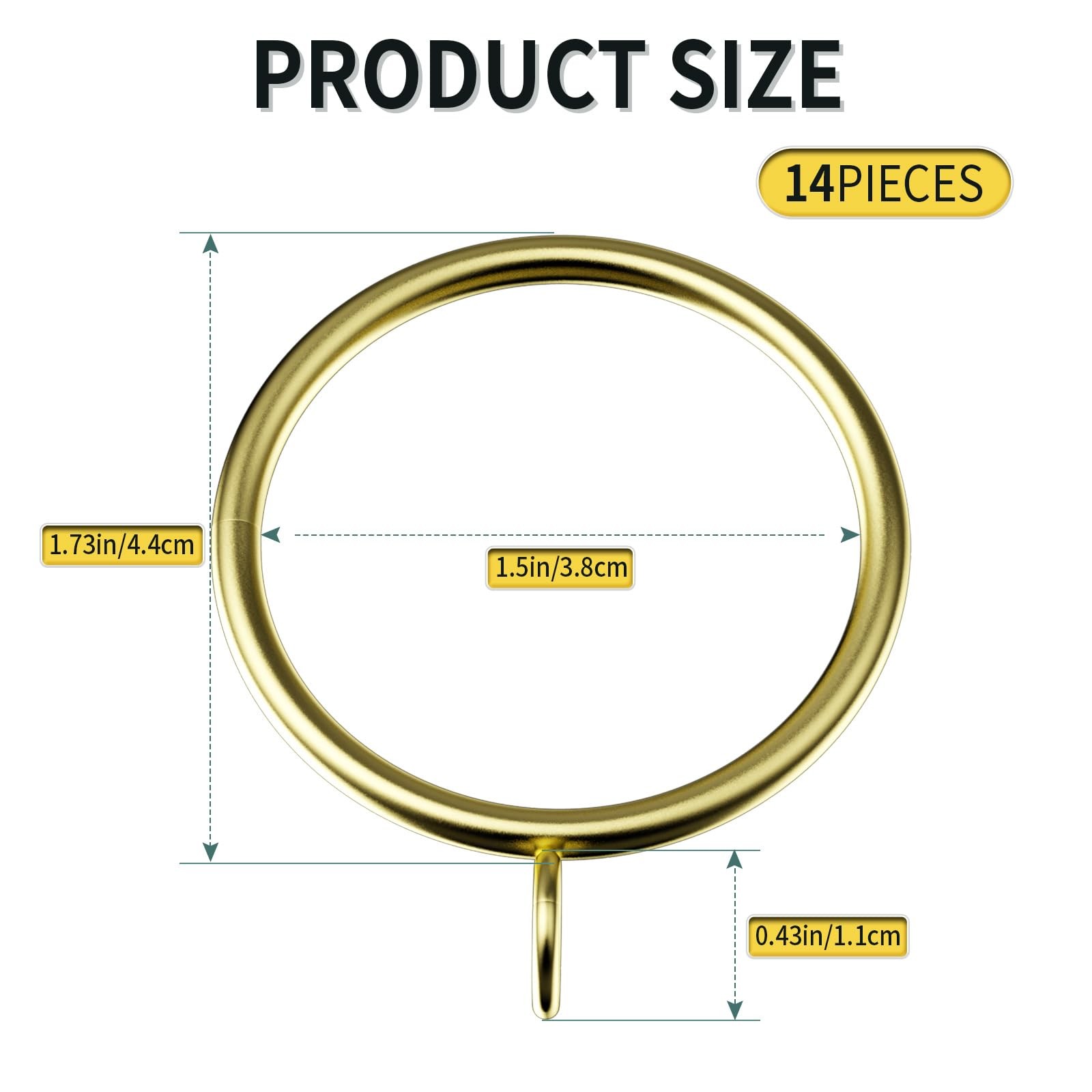 1.5 inch Inner Diameter, 14 Pack Curtain Rings Gold,1.5 Inch Diameter