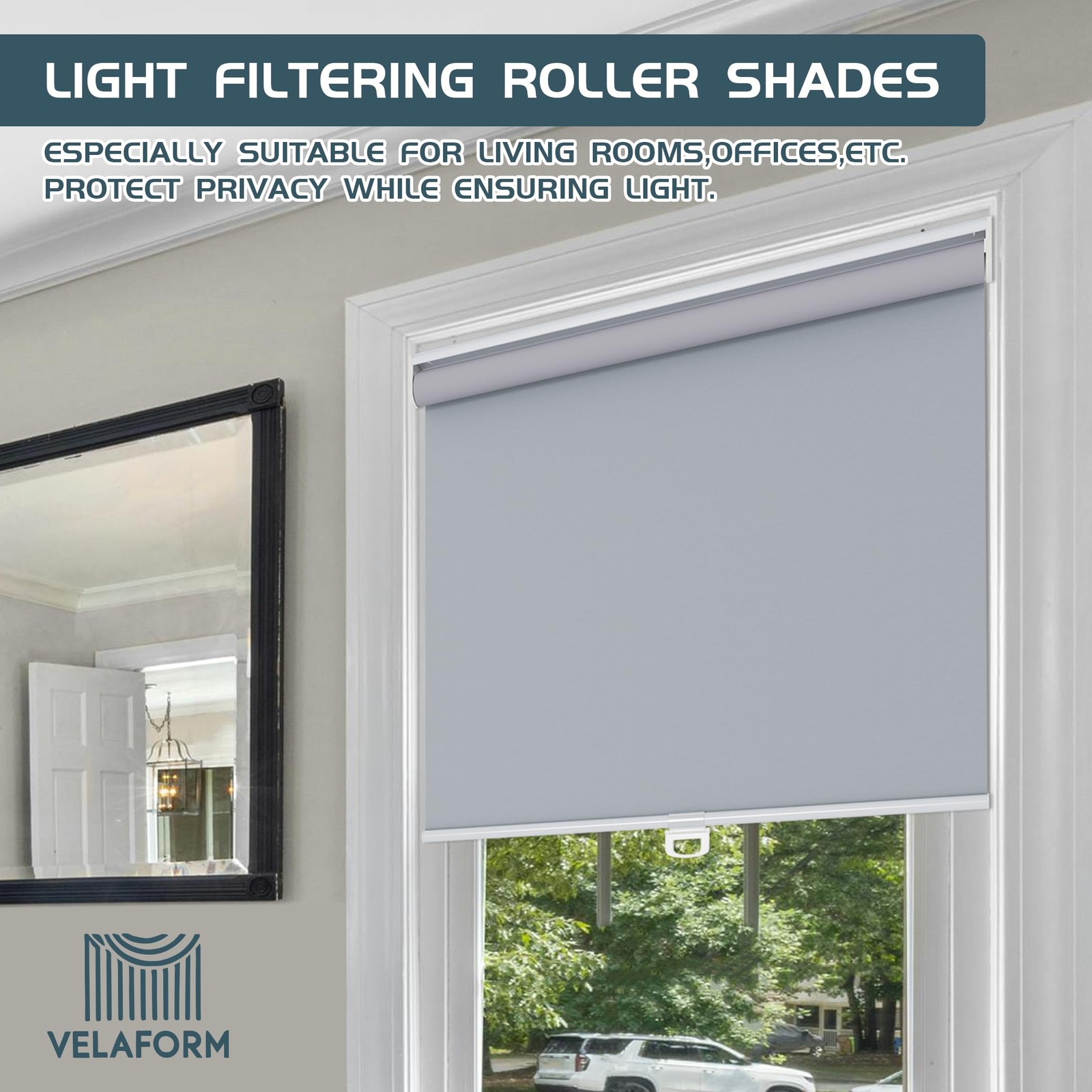 Velaform Grey Cordless Roller Shades 53 W X 72 H Uv Blocking For Office