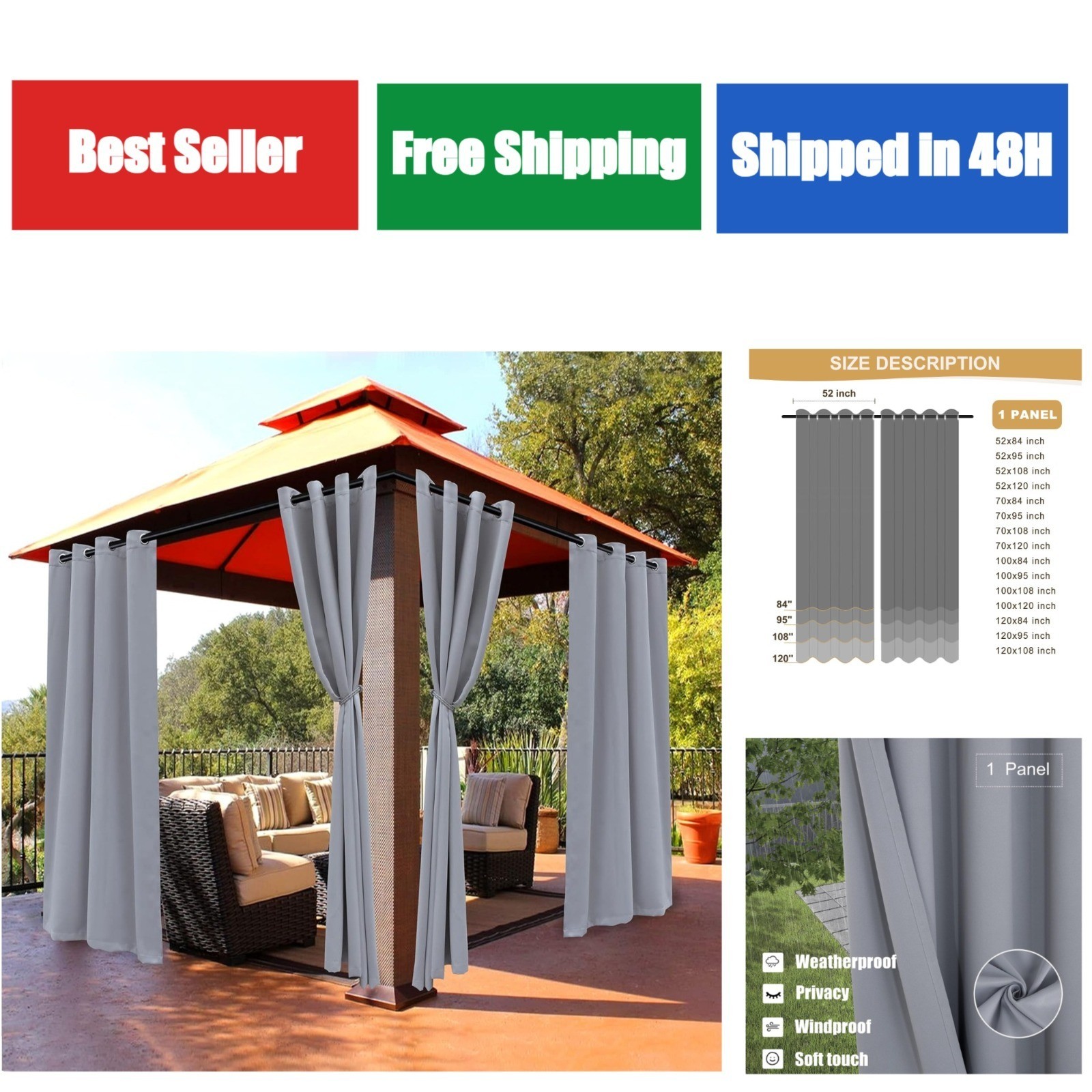 BONZER Outdoor Curtains Waterproof Blackout 52W x 84L inch Silver