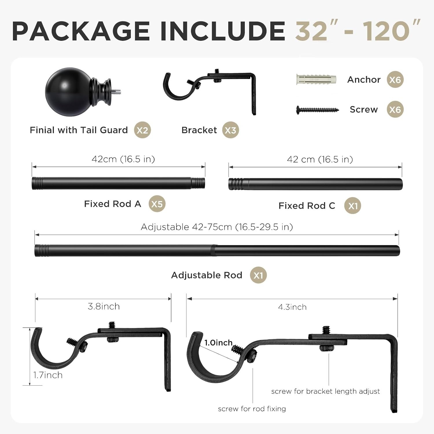 Versatile 32-120 Inch Black Curtain Rods, 1″ Diameter for All Curtain Styles