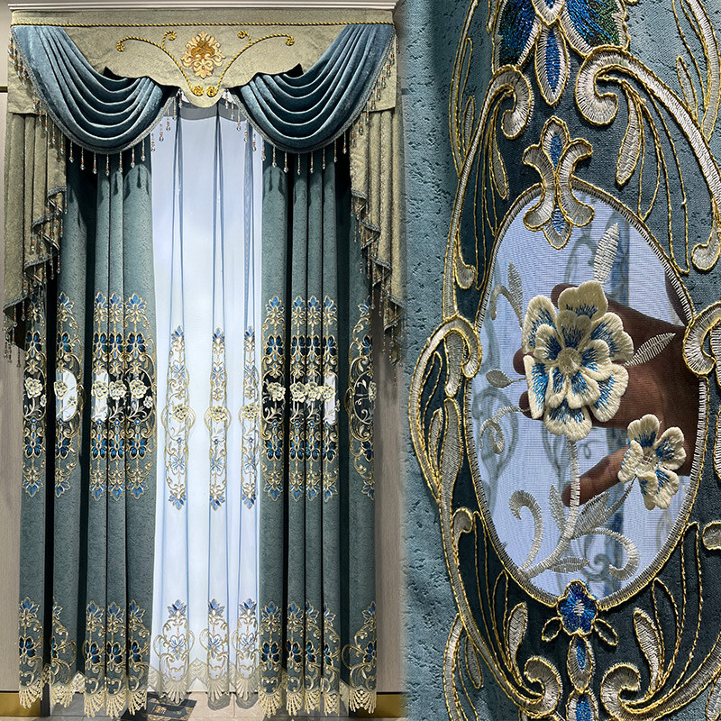 Custom villa cashmere luxury elegant blue cloth curtain valance drape C1644