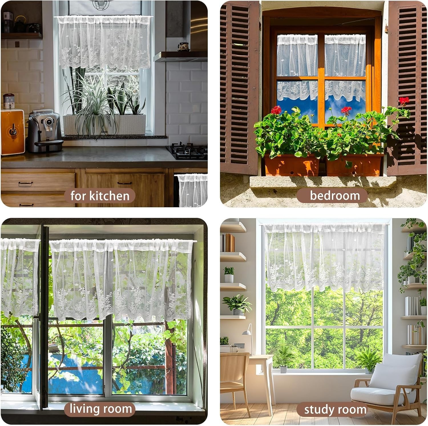 White Lace Window Valance – 59″X23.6″ Floral Semi-Sheer Curtain with Rod Pocket