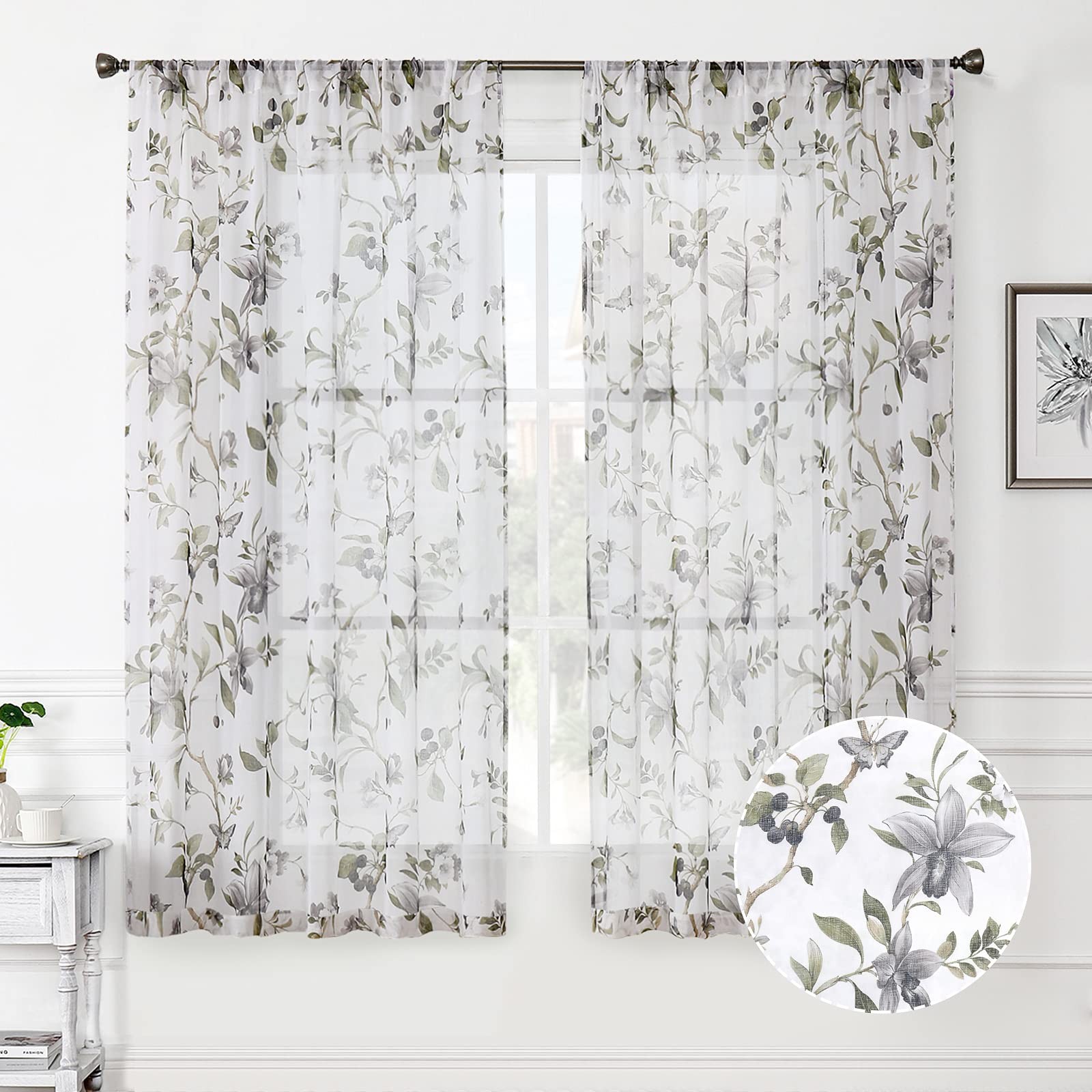 Floral Sheer Curtains Grey Cherry Flower Butterfly Print Living Room Curtain …