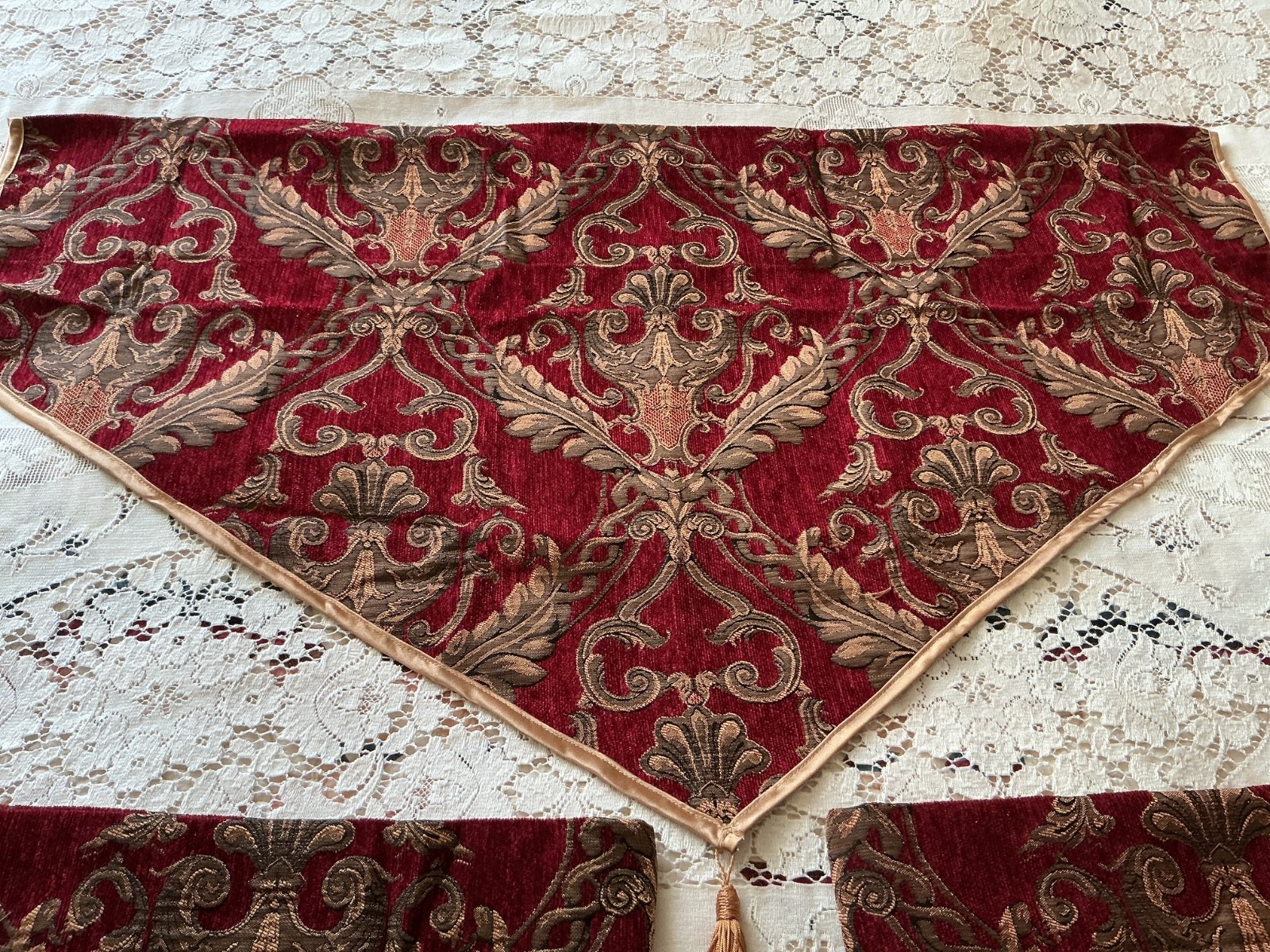 2 CROSCILL Imperial Damask Curtain Valances Red Gold Tapestry Medallion Luxury