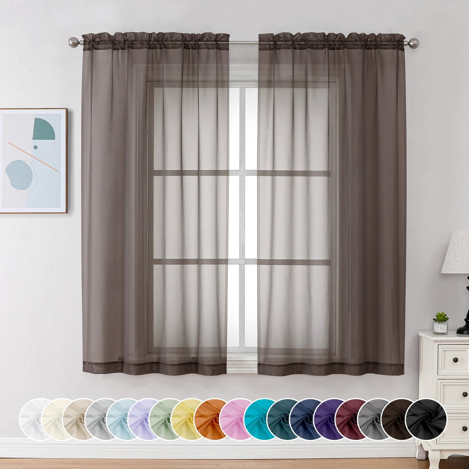 Chocolate Brown Sheer Curtains 54 Inch Long 2 Panels, Light Filtering Rod Poc…