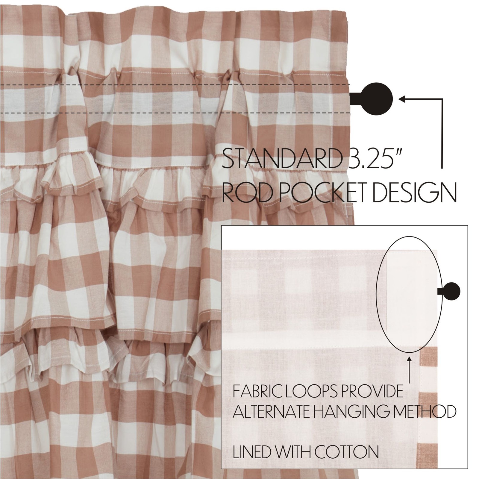 Farmhouse 24″x36″ Tier Pair Brown Rod Pocket Kitchen Window Curtains VHC Brands