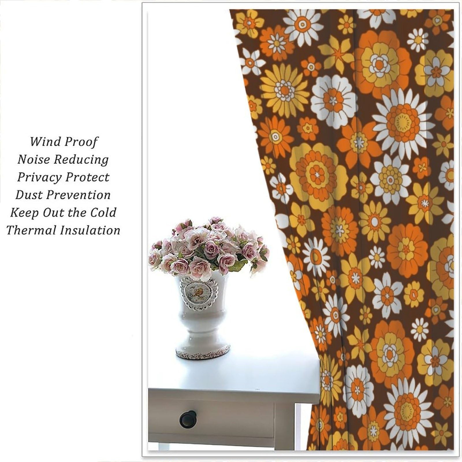 70s Groovy Curtains 1960s Hippie Floral White Orange Boho Modern Art Window D…