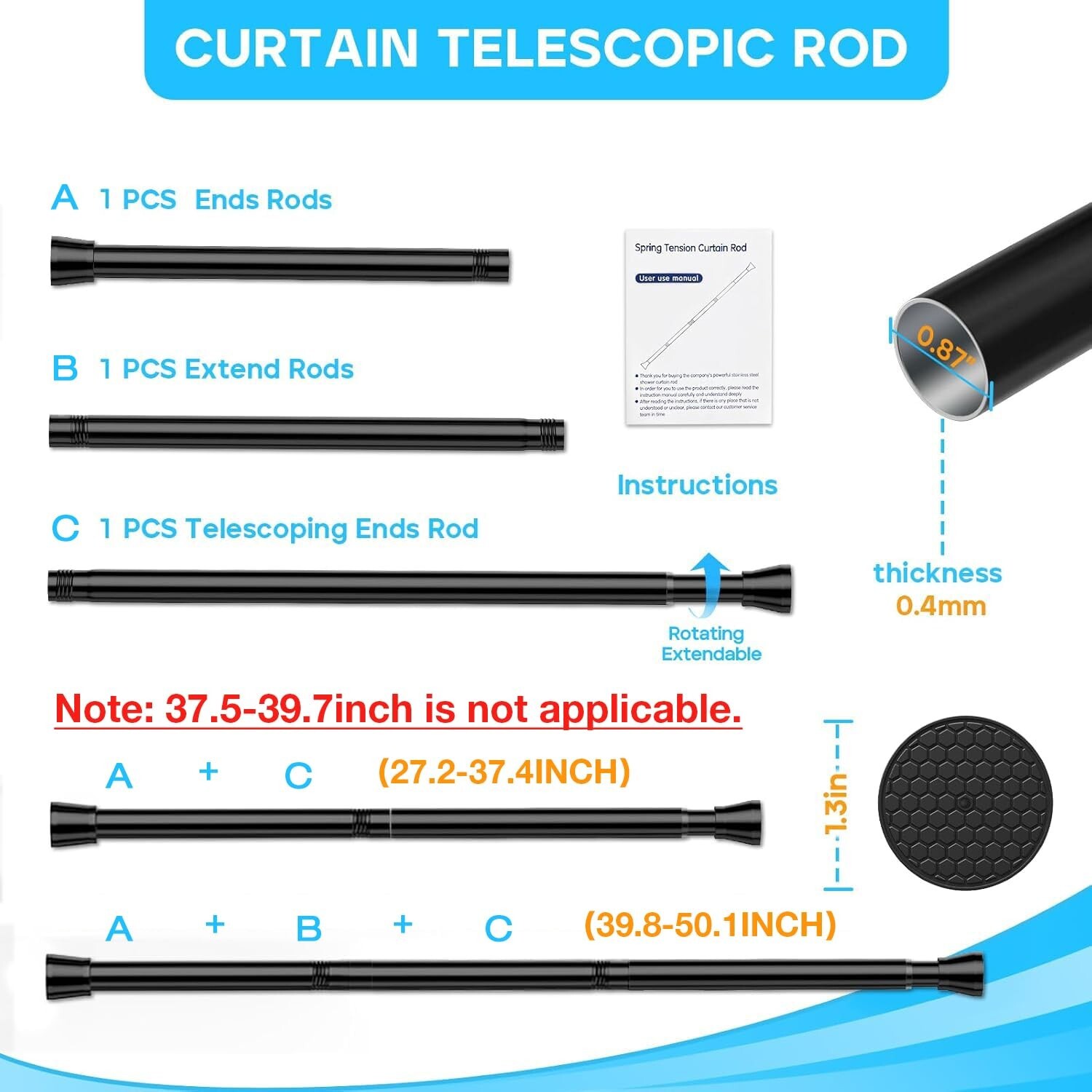 Black Spring Tension Curtain Rod 28-52 Inches, 7/8″ Diameter Adjustable Showe…