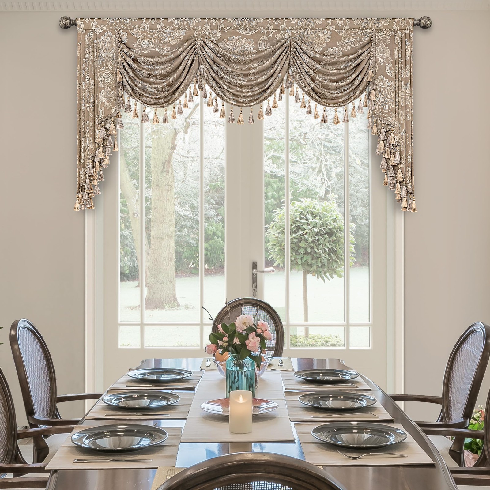 Elegant Jacquard Waterfall Valance with Tassels for Living Room & Bedroom
