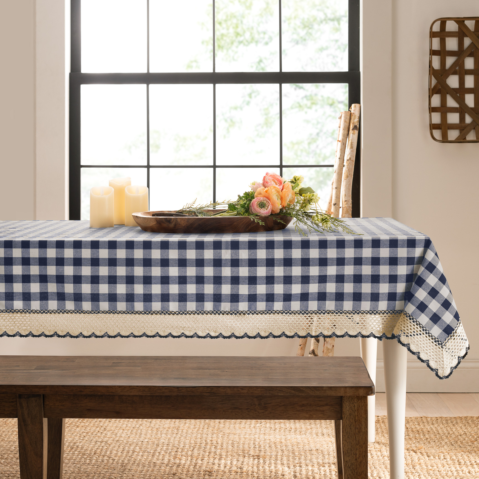 Navy Checked Plaid Cotton Dining Table Cloth Cover for Dining Room, Kitchen