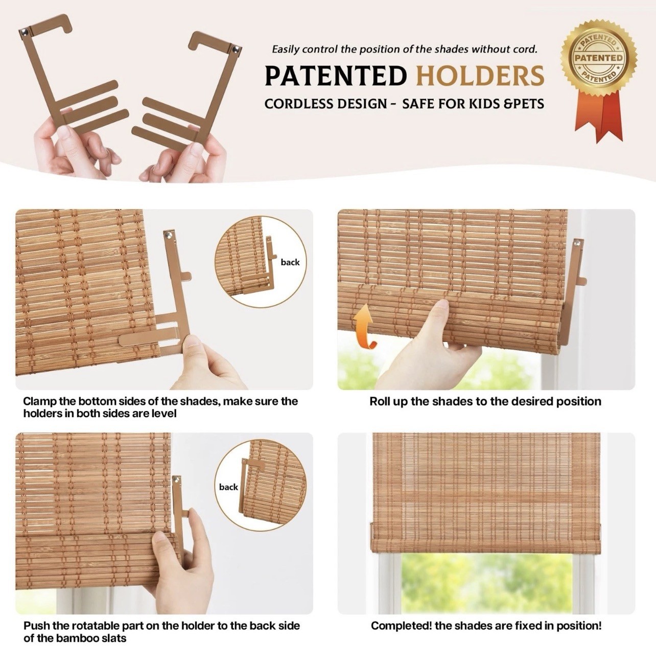 LazBlinds Cordless Bamboo Blinds, Roll Up No Tools 32”W X 60”H Brown
