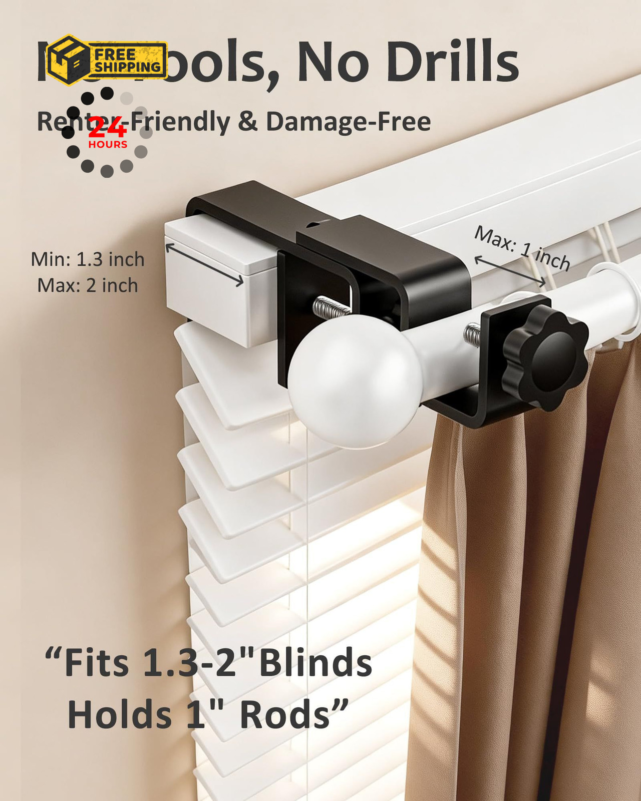 Mimiio No Drill Curtain Rod Brackets for Outside-Mount Black-3PCS, Black