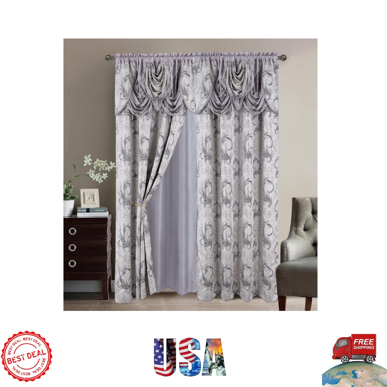 Jacquard Luxury Curtain Panel Set 54×84 in Silver Gray – Elegant Paisley Design
