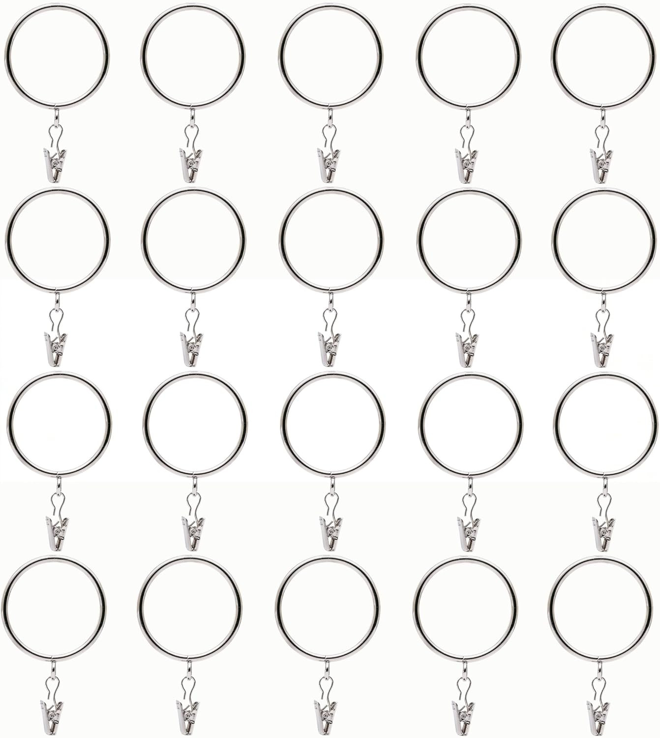 20 Pack Silver Big Curtain Rings with Eyelets with Clips, Metal Drapery Ring for