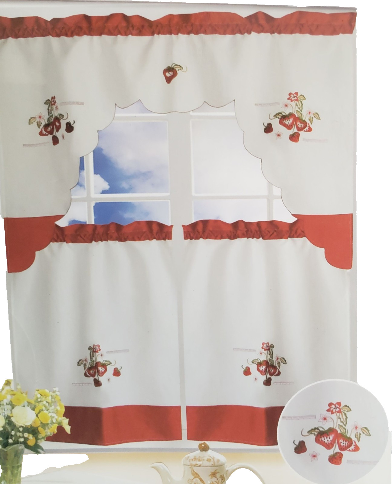 3pc. Embroidery Curtains Set: 2 Tiers & Swag (60″x36″) STRAWBERRIES, SISERA, VH